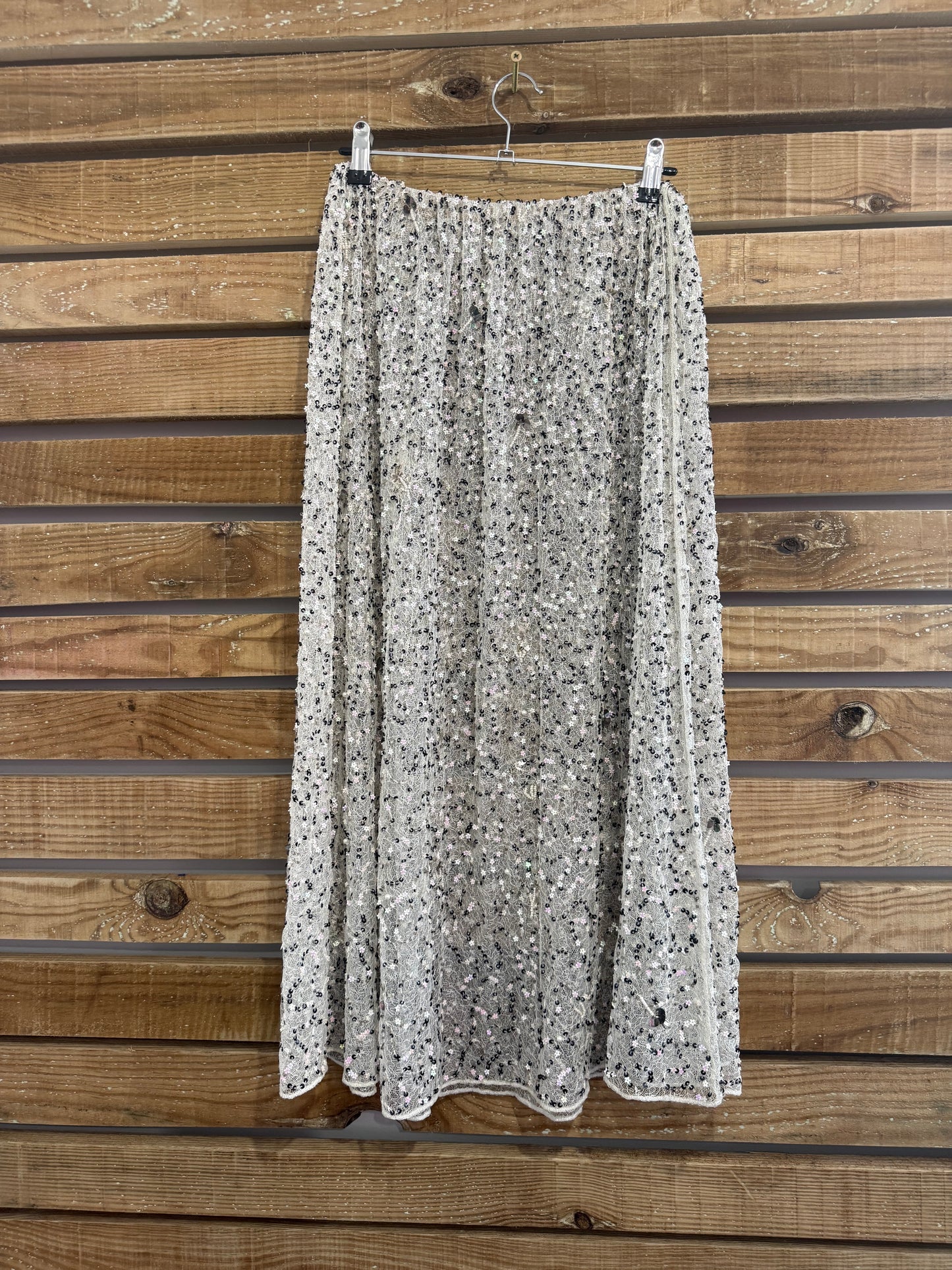 Vintage 90s Sequin/ beaded sheer skirt. Silver. One size. 18-36” waist. Festival/ party