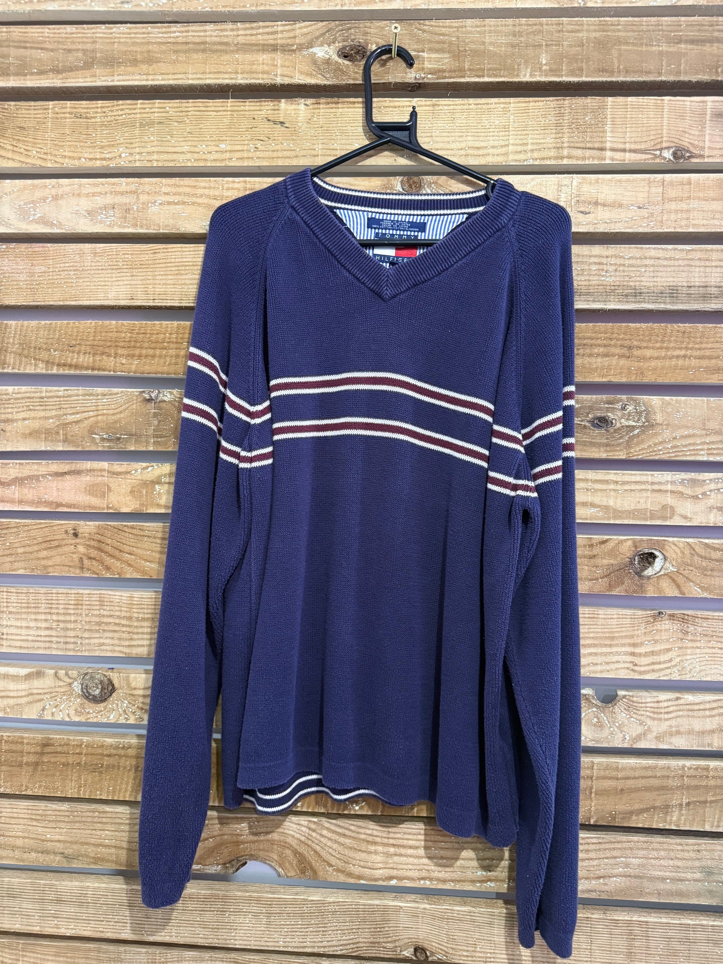 Vintage 90s Tommy Hilfiger crewneck cotton jumper/ sweater. Blue Stripe. Size XXL