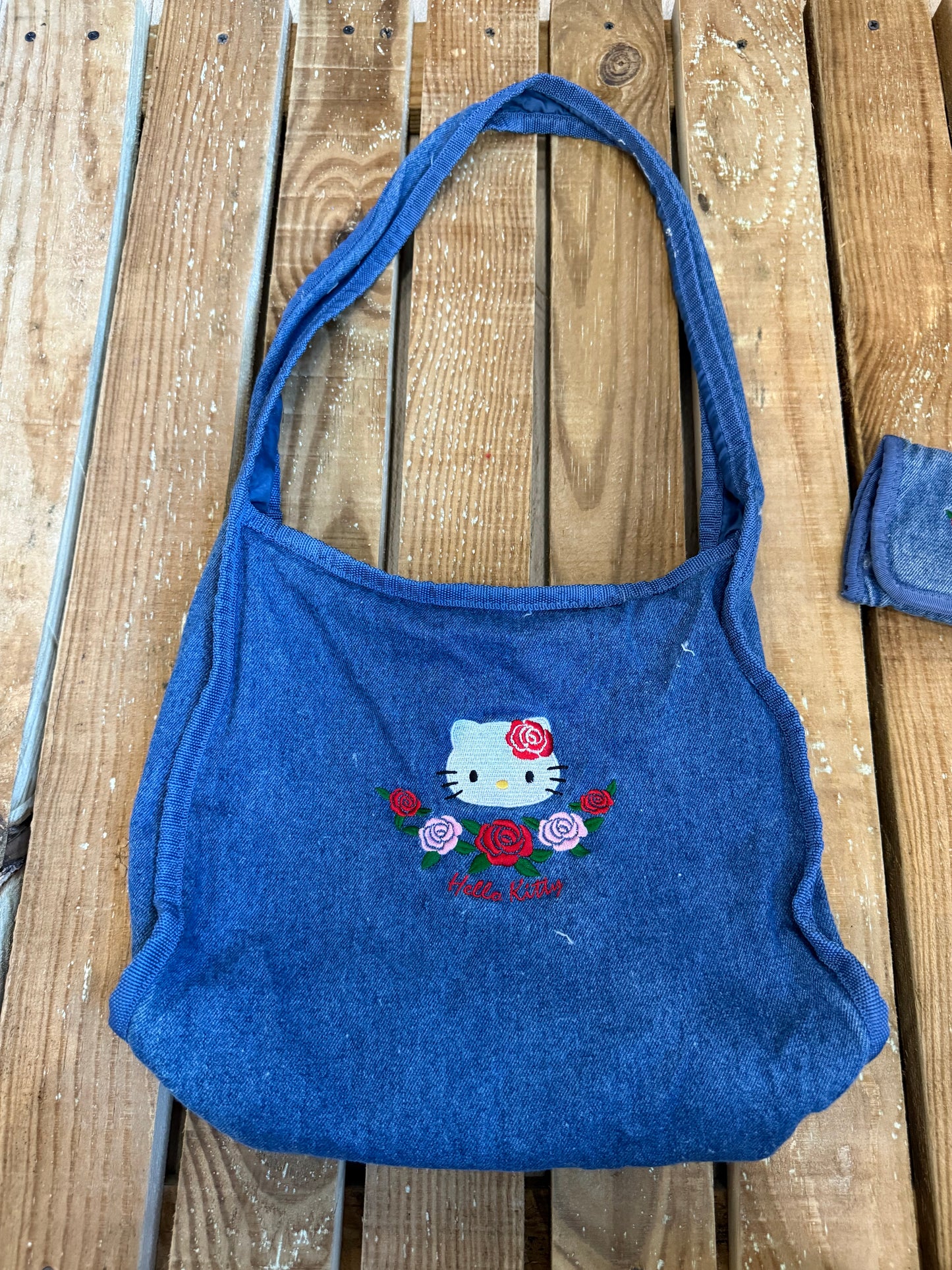 Vintage 90s RARE Hello Kitty denim shoulder bag with matching wallet/ purse. Embroidered.