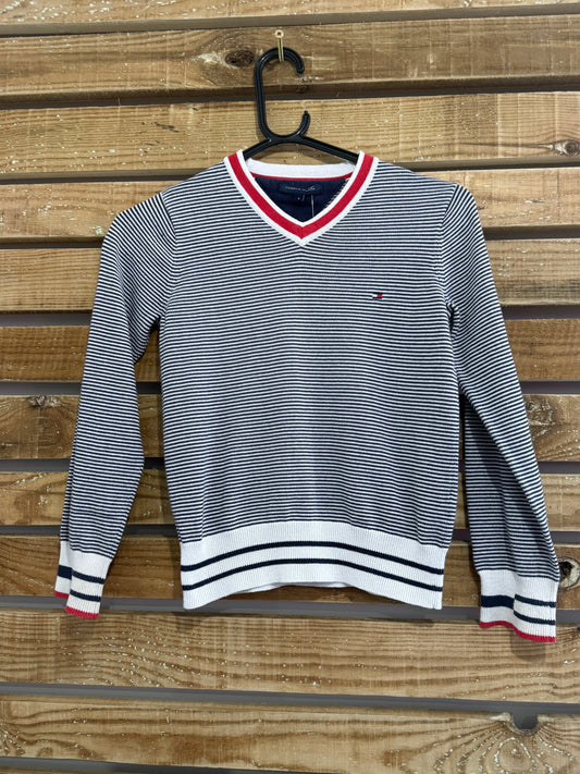 Vintage 90s Tommy Hilfiger V neck cotton jumper/ sweater. Blue and white stripe. Size 4-6.