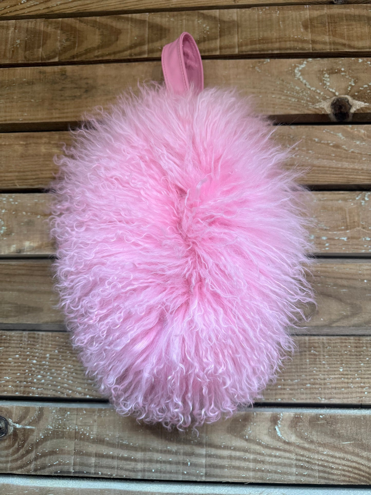 Charlotte Simone x Kyle fluffy pink bonbon bag with removable chain.