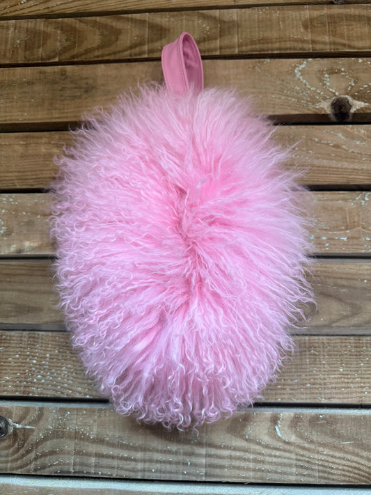 Charlotte Simone x Kyle fluffy pink bonbon bag with removable chain.