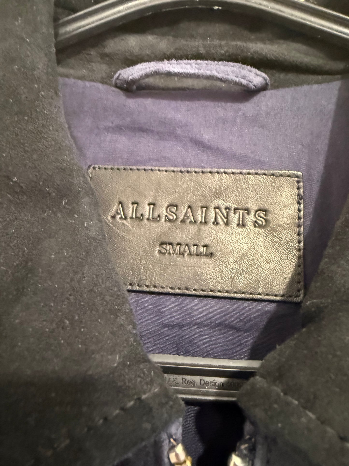 AllSaints Terence Suede leather jacket. Navy blue. Size Small.