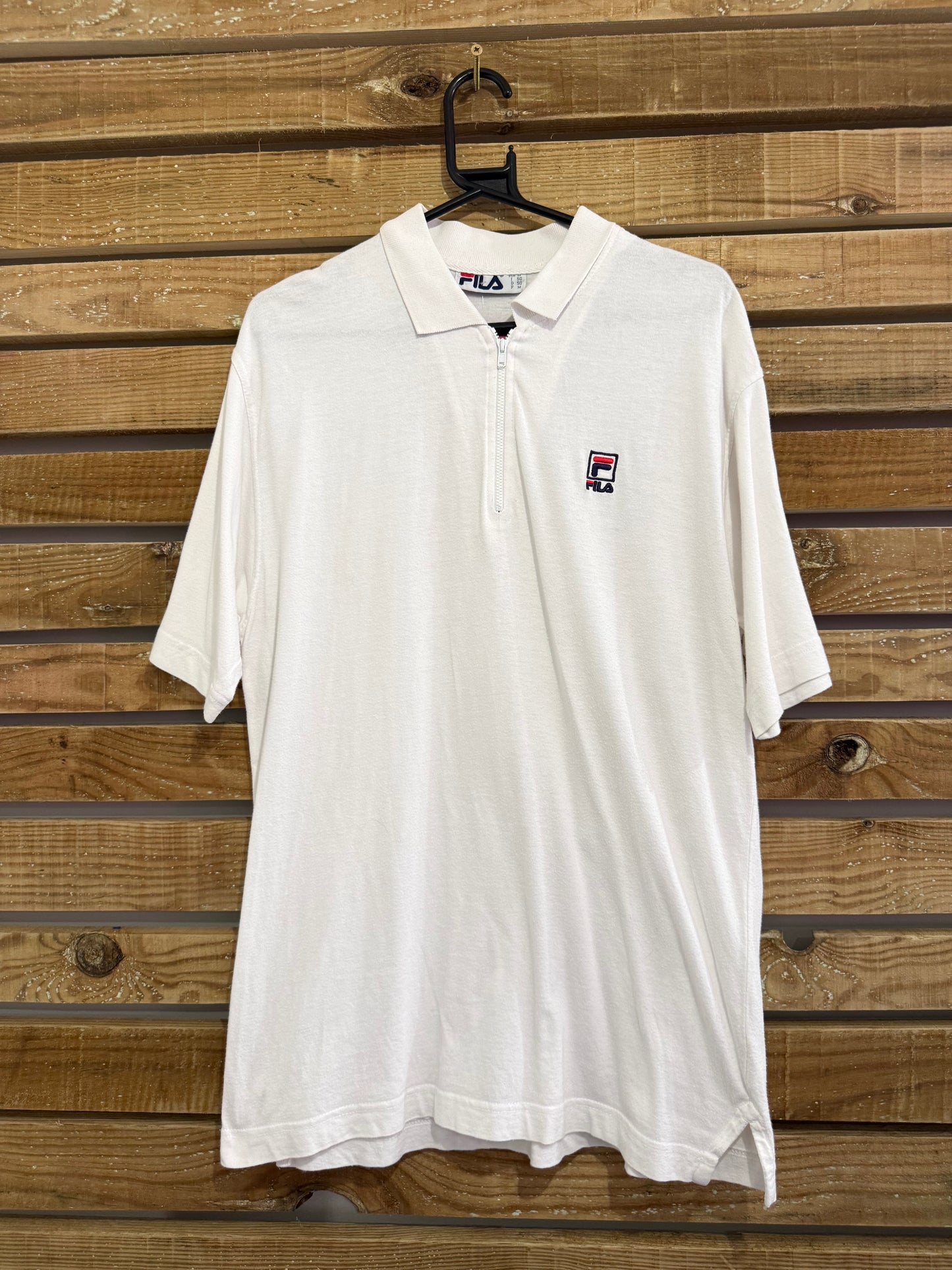 Vintage 90s Fila zip up polo shirt. White. Size Medium. 44” chest. Golf/Sports