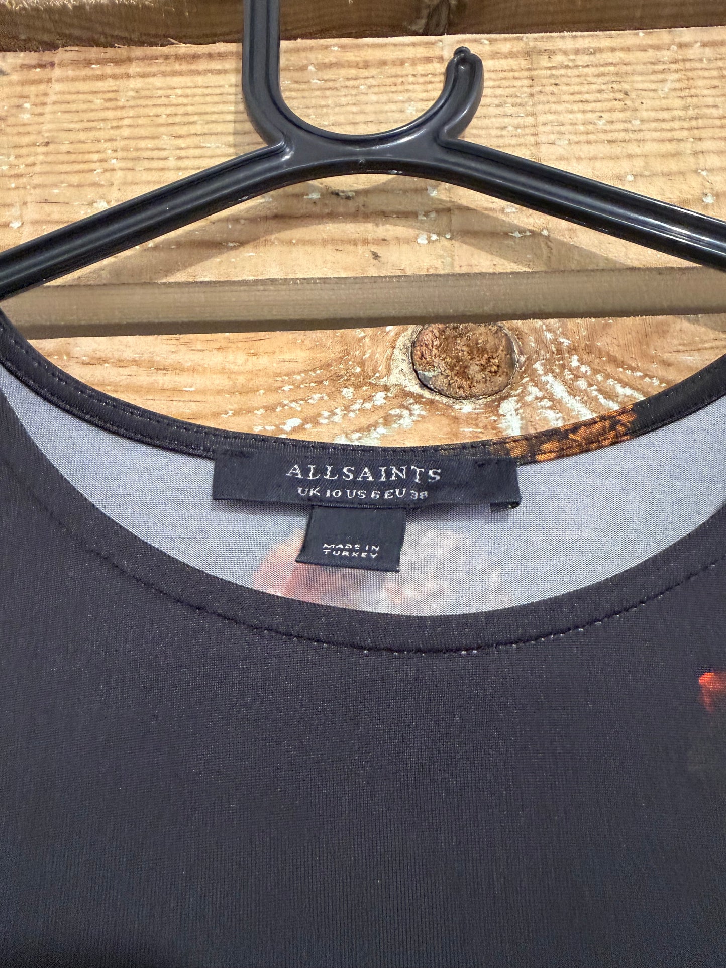 AllSaints Katlyn long sleeve floral mesh top. Black. Size UK10.