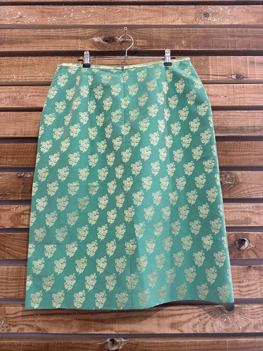 Vintage 80s Escada turquoise Indian print skirt. Summer. Waist 30”