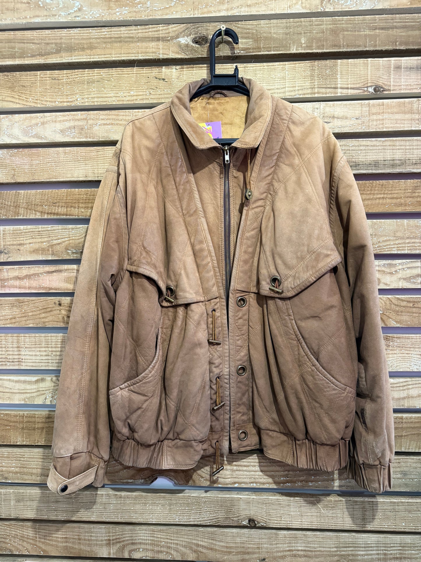 Vintage 90s leather biker bomber jacket. Brown/ Tan. Size XL. Grunge.