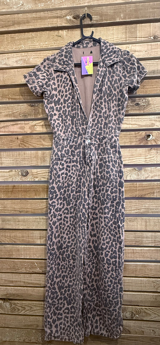 Leopard print denim jumpsuit. Size 8.
