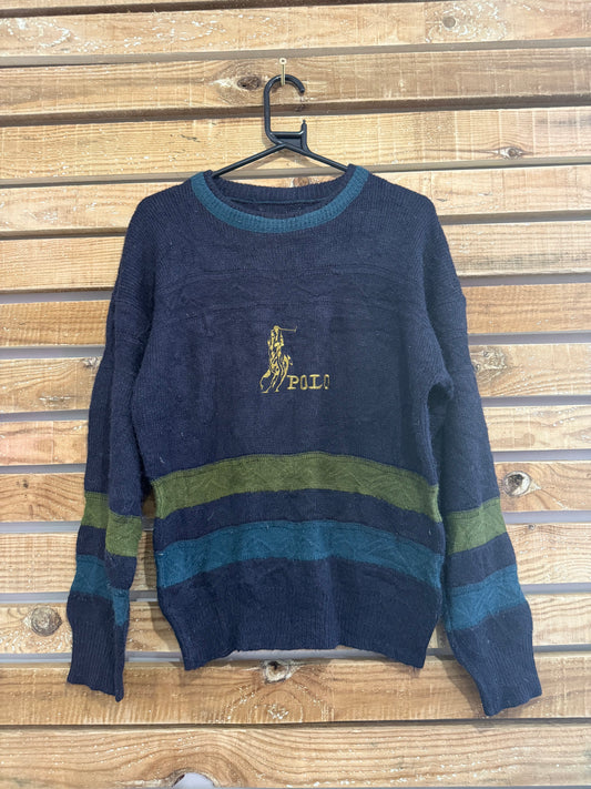 Vintage 80s Ralph Lauren pony spell-out knit jumper/ sweater. Blue. Size medium.