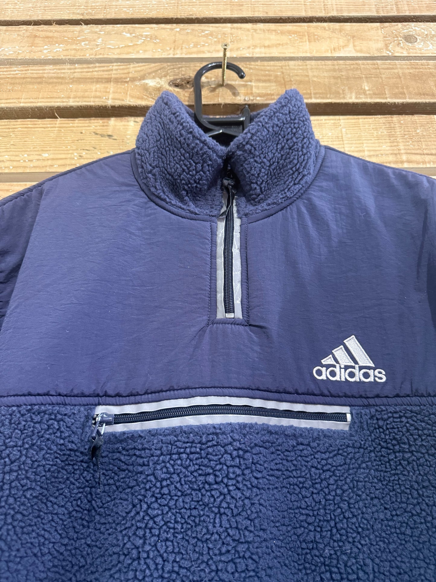 Vintage 90s RARE Adidas 1/4 zip spell-fleece jacket. Blue. Size Large.