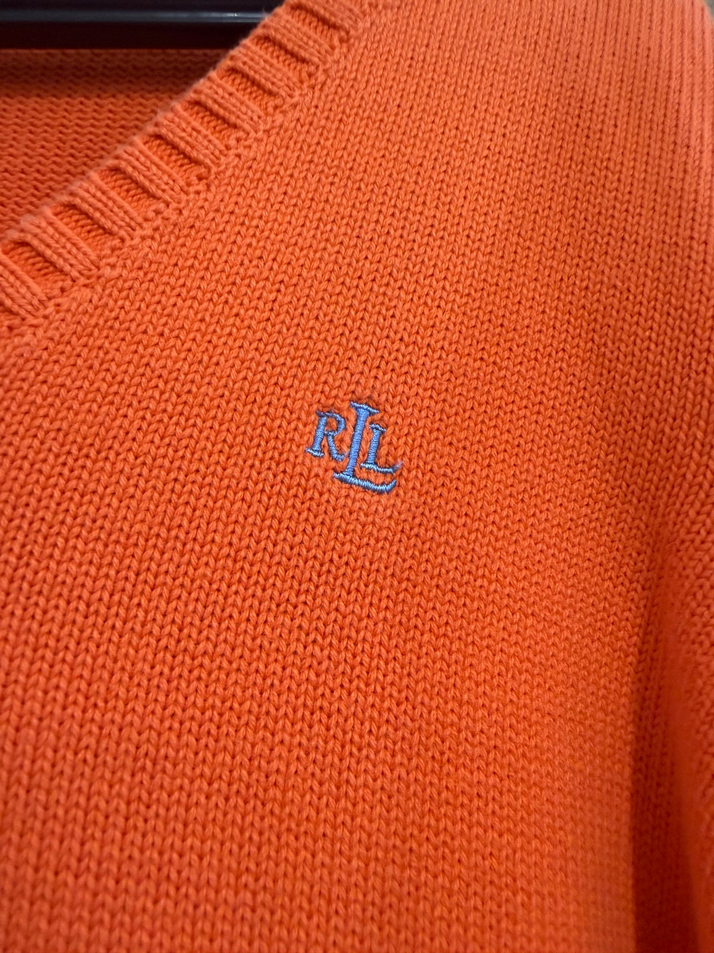 Vintage 90s Ralph Lauren V Neck jumper/ sweater. Orange. Cotton. Size XXL.