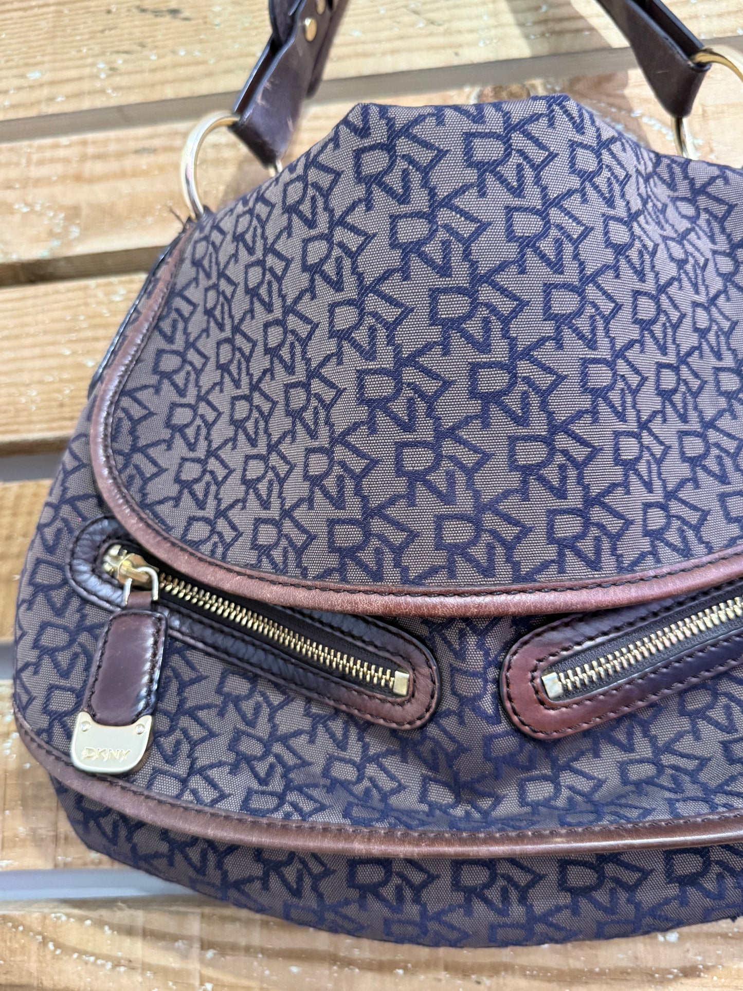 Vintage Y2K DKNY shoulder bag. Monogram brown leather trim.
