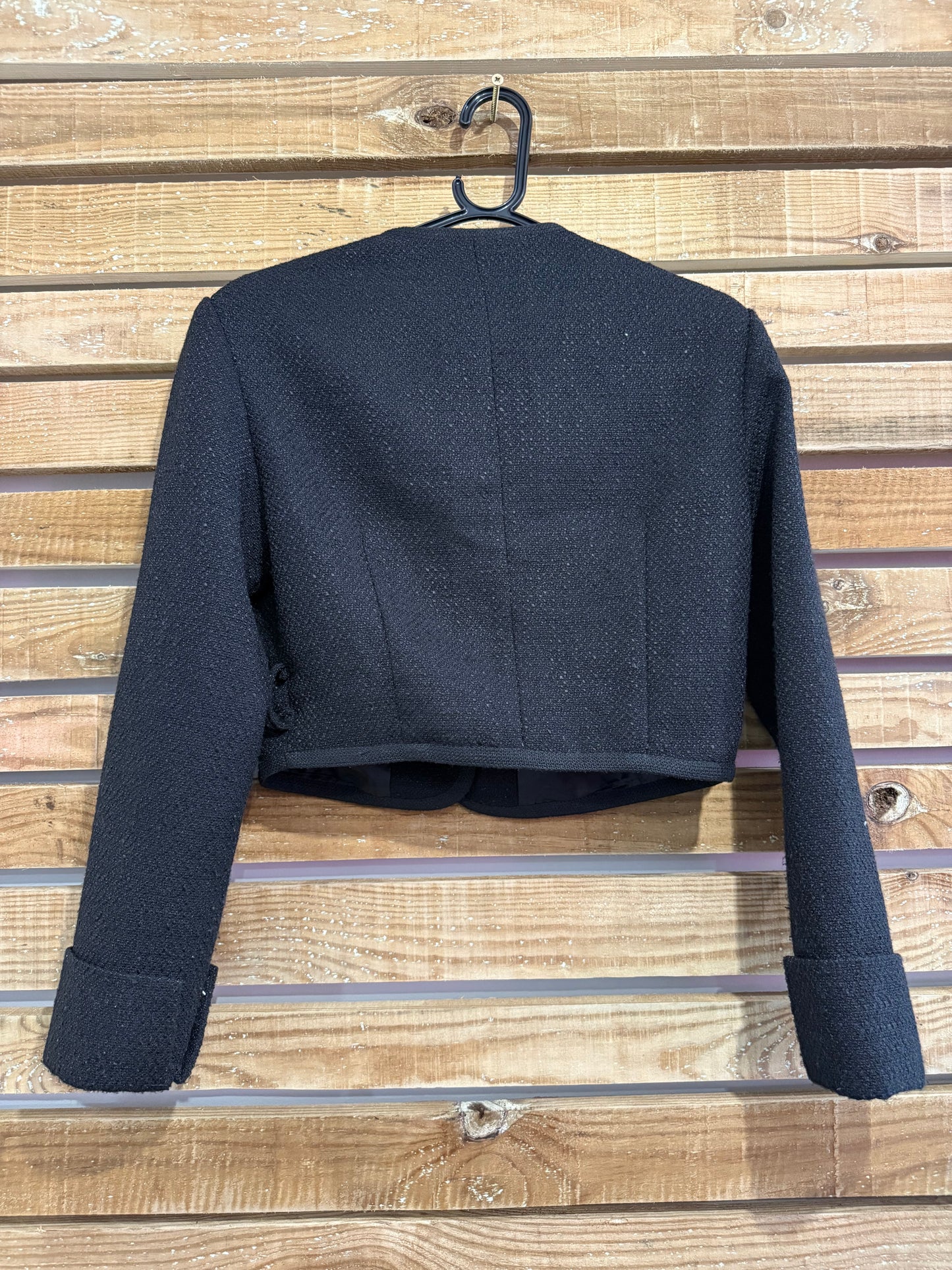 Chanel style tweed cropped jacket & silver buttons. Size UK8-10