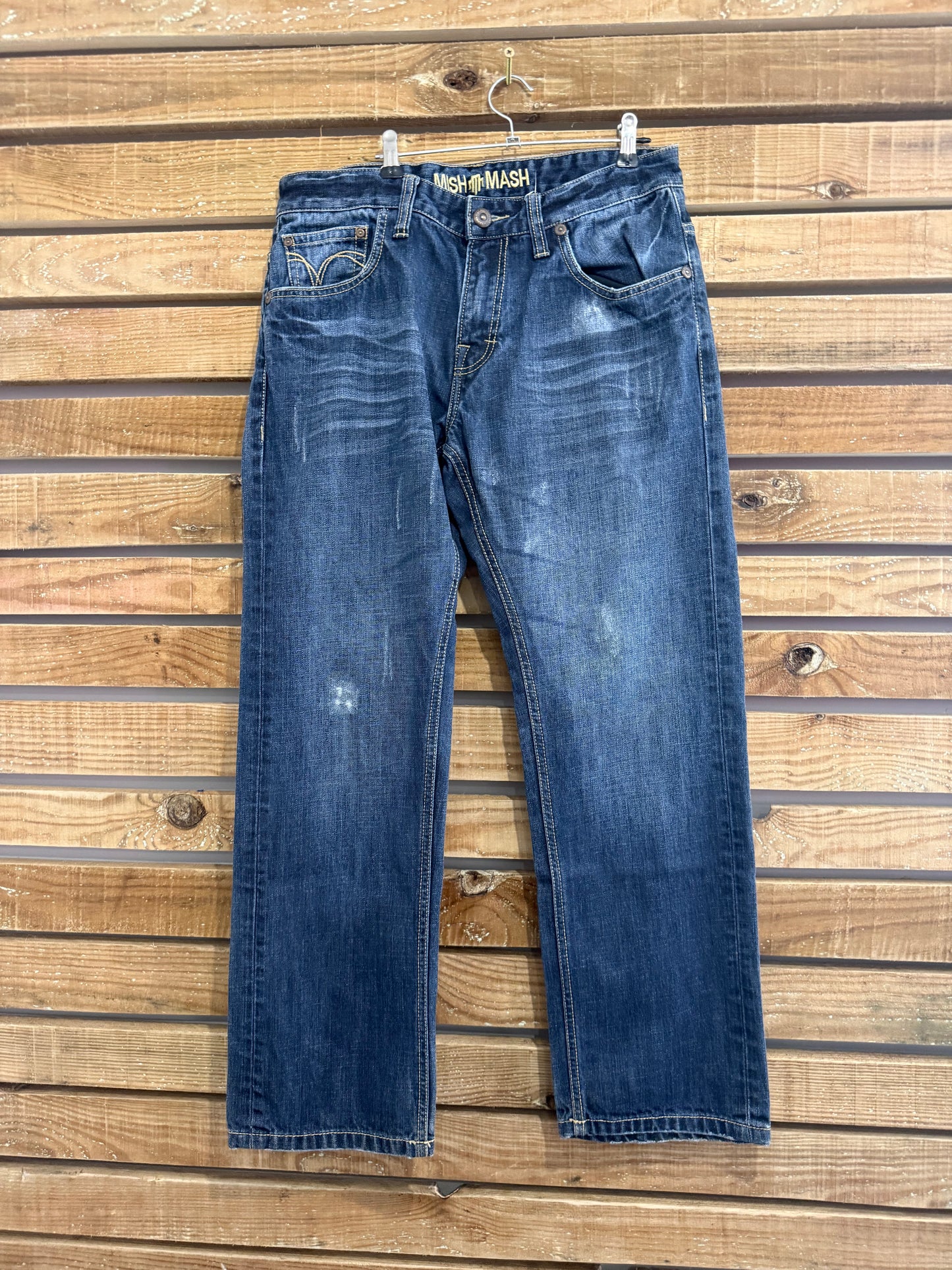 Vintage Y2K Mish Mash Dark Blue distressed stonewash jeans. Waist 33” leg 30”