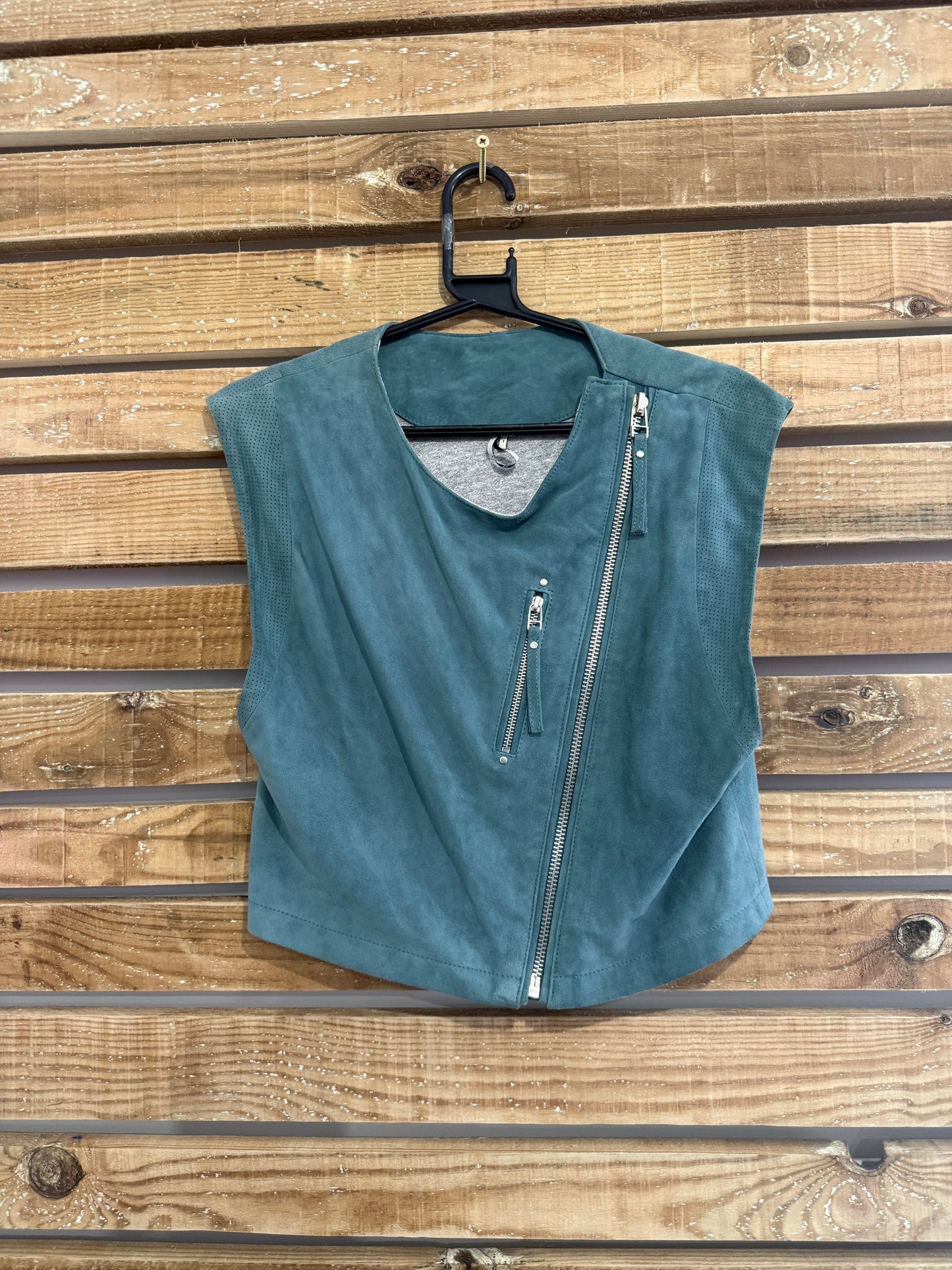 Vintage Y2K sleeveless suede leather gilet jacket. Biker/ Festival. Teal. Size Small.