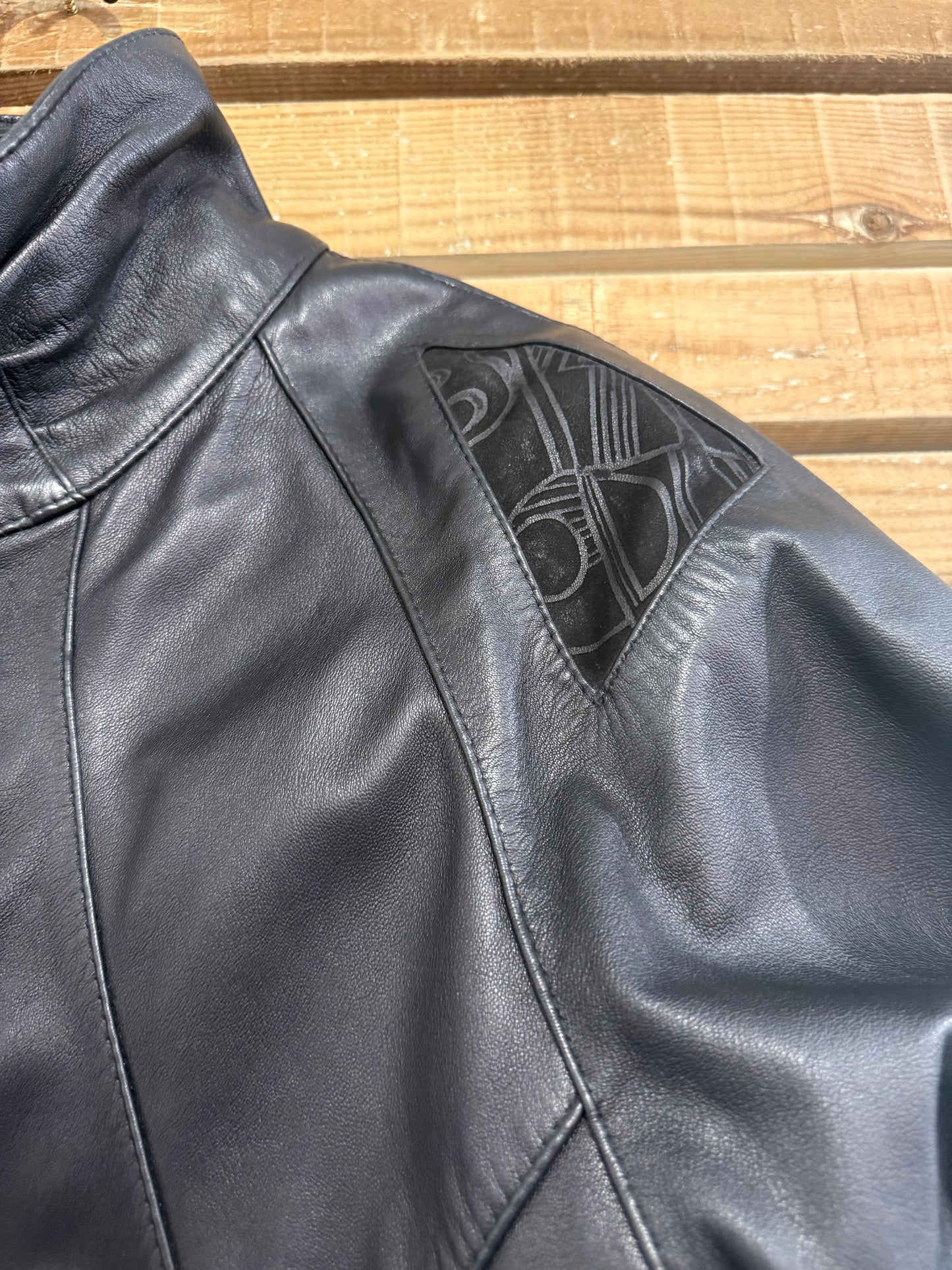 Vintage 80s leather embellished  bomber jacket. Black. Size Small.