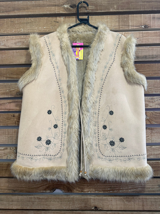 Vintage 90s does 70s embroidered boho hippy Faux Fur/ Fluffy Gilet/Sleeveless Jacket/ Gilet. Festival.