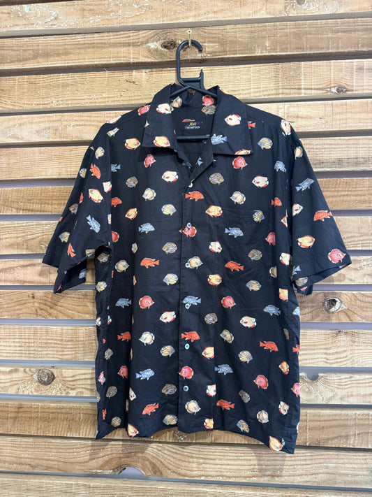 Vintage 90s fish print button up shirt. Summer. Size Large.