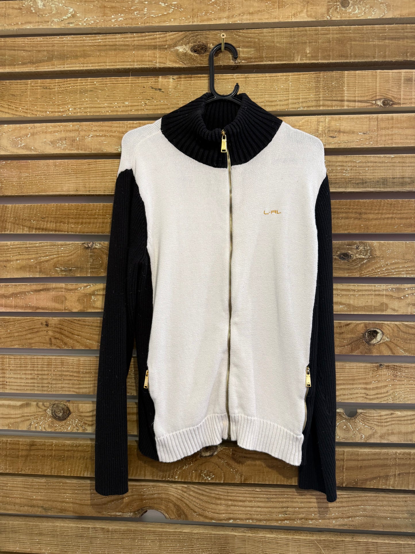 Vintage Y2K Ralph Lauren zip up knit cardigan/ jumper. Black & white. Size XL.