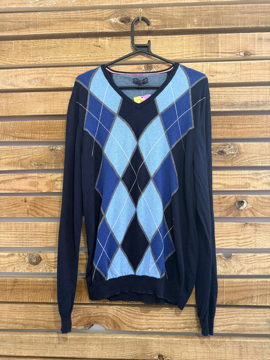 Vintage 90s Tommy Hilfiger argyle v neck cotton cashmere jumper/ sweater. Blue. Size Medium.
