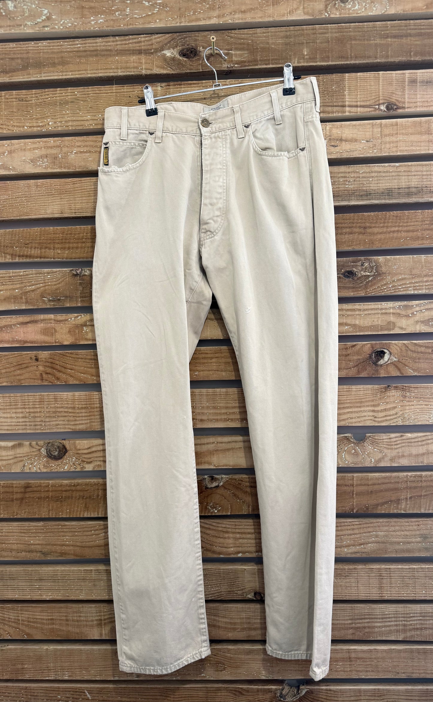 Vintage 90s Armani beige pants/ trousers. Jean style. 32” waist, 33” leg.