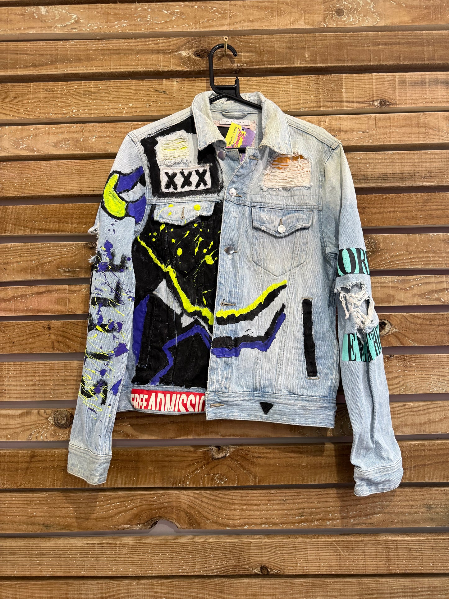 Vintage Y2K Guess blue denim jacket. Size medium. Distressed/painted. Festival.