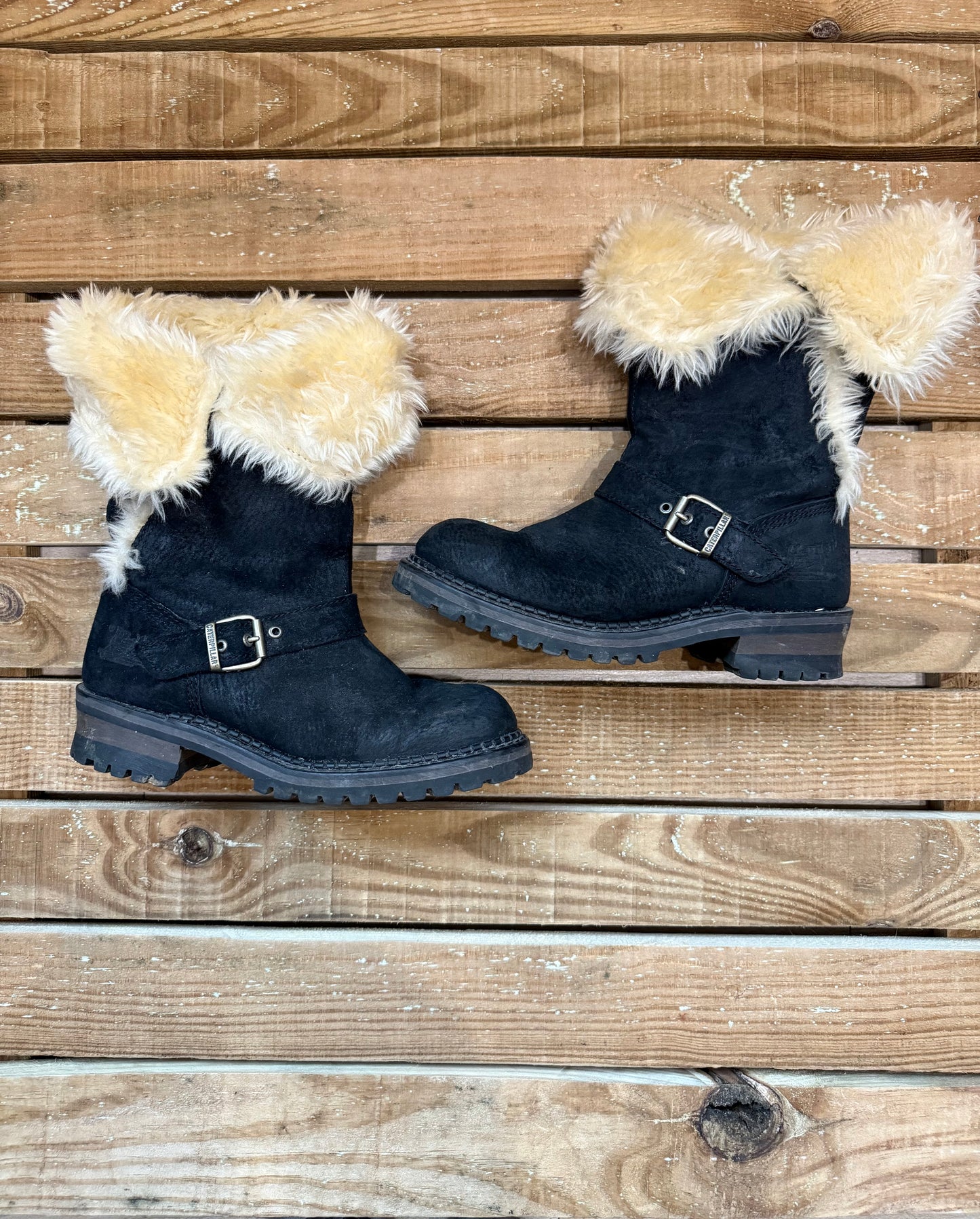 Vintage Y2K CAT Caterpillar Fur lined Mid Calf Leather Buckle Boots Size 5,EU38