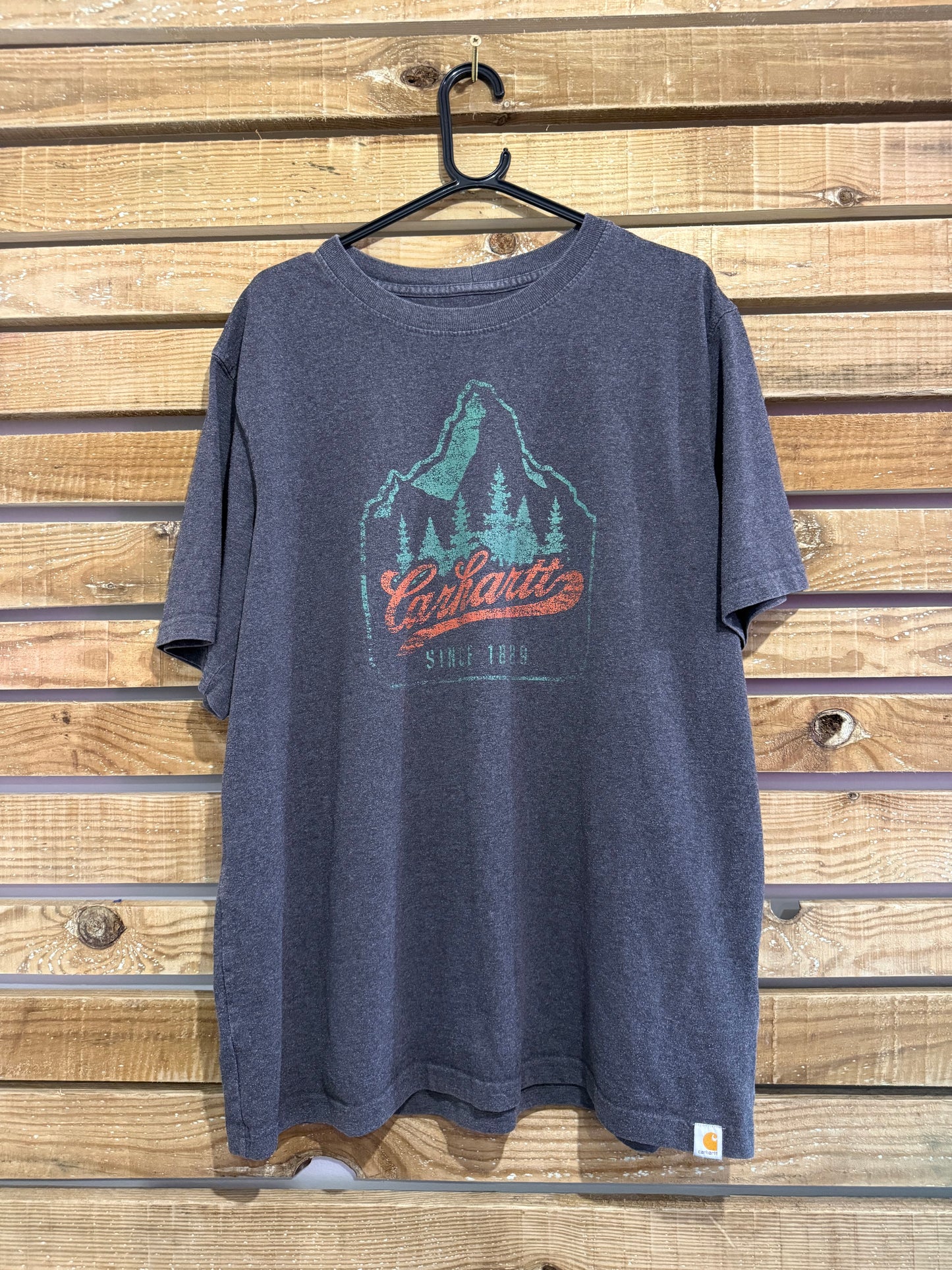 Carhartt mountain/ trees motif t-shirt. Spell-out. Grey. Workwear/ cowboy/ USA. Size XL
