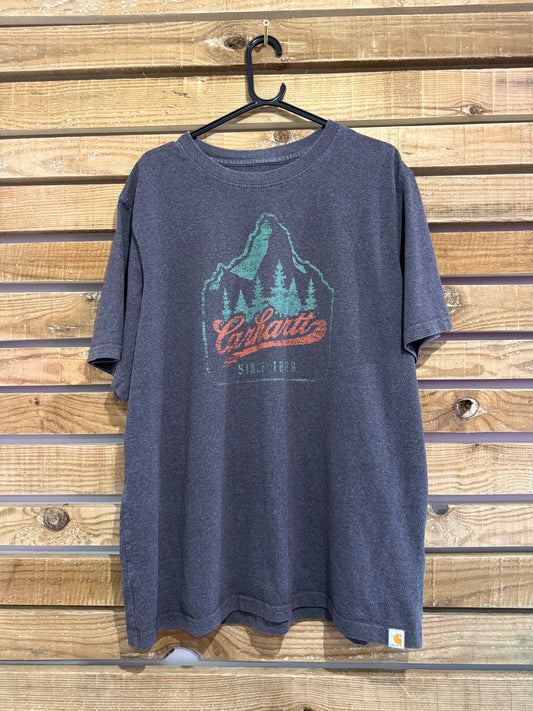 Carhartt mountain/ trees motif t-shirt. Spell-out. Grey. Workwear/ cowboy/ USA. Size XL