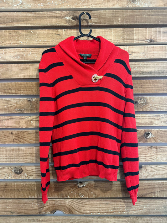 Vintage Y2K Ralph Lauren Cowl neck jumper/ sweater. Red stripe. Cotton. Sailor knot detail. Size Large.