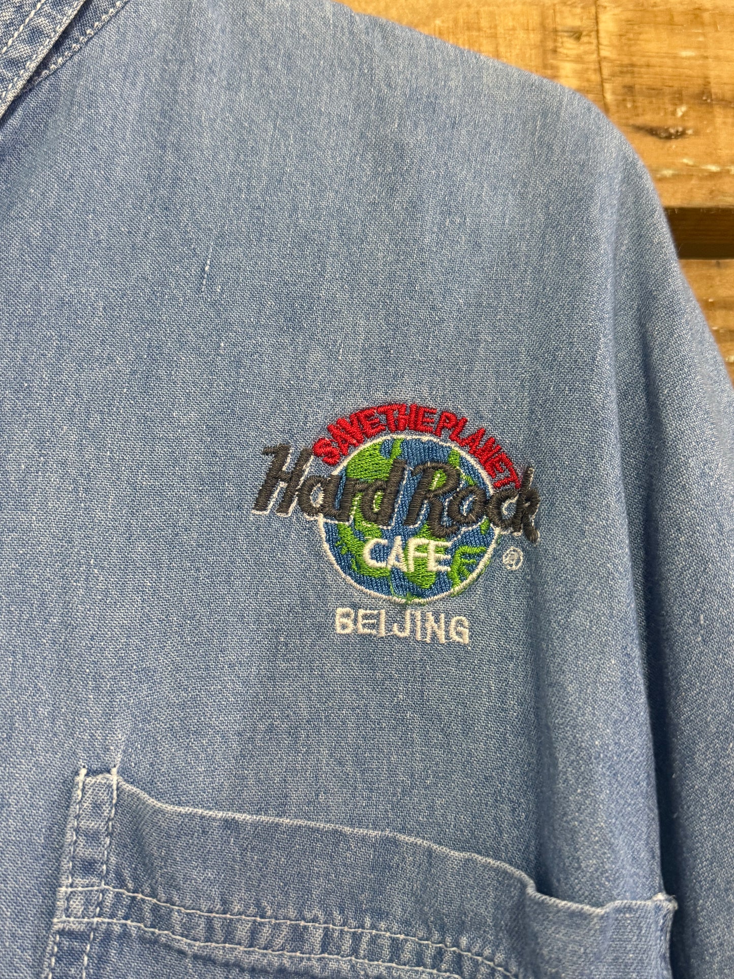 Vintage 90s Hard Rock Cafe Beijing embroidered denim shirt. Size XL.