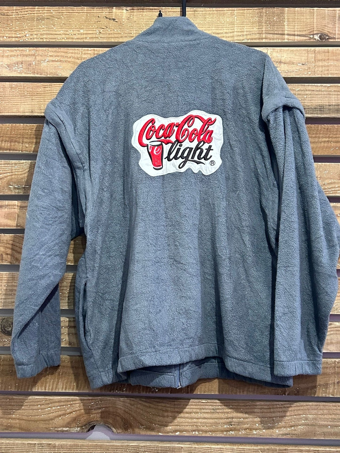 Vintage 80’s RARE Coca Cola light spell-out zip-up fleece jacket. Grey. Size Large