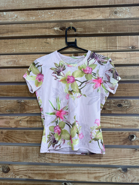 AllSaints Pink Ellie Pink Floral Print Mesh T-Shirt. Size UK10.
