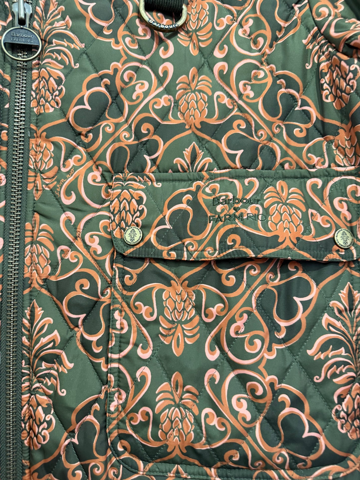 BNWT Barbour x Farm Rio Luisa Quilted Jacket. Green & Orange floral pineapple print. Size Large.