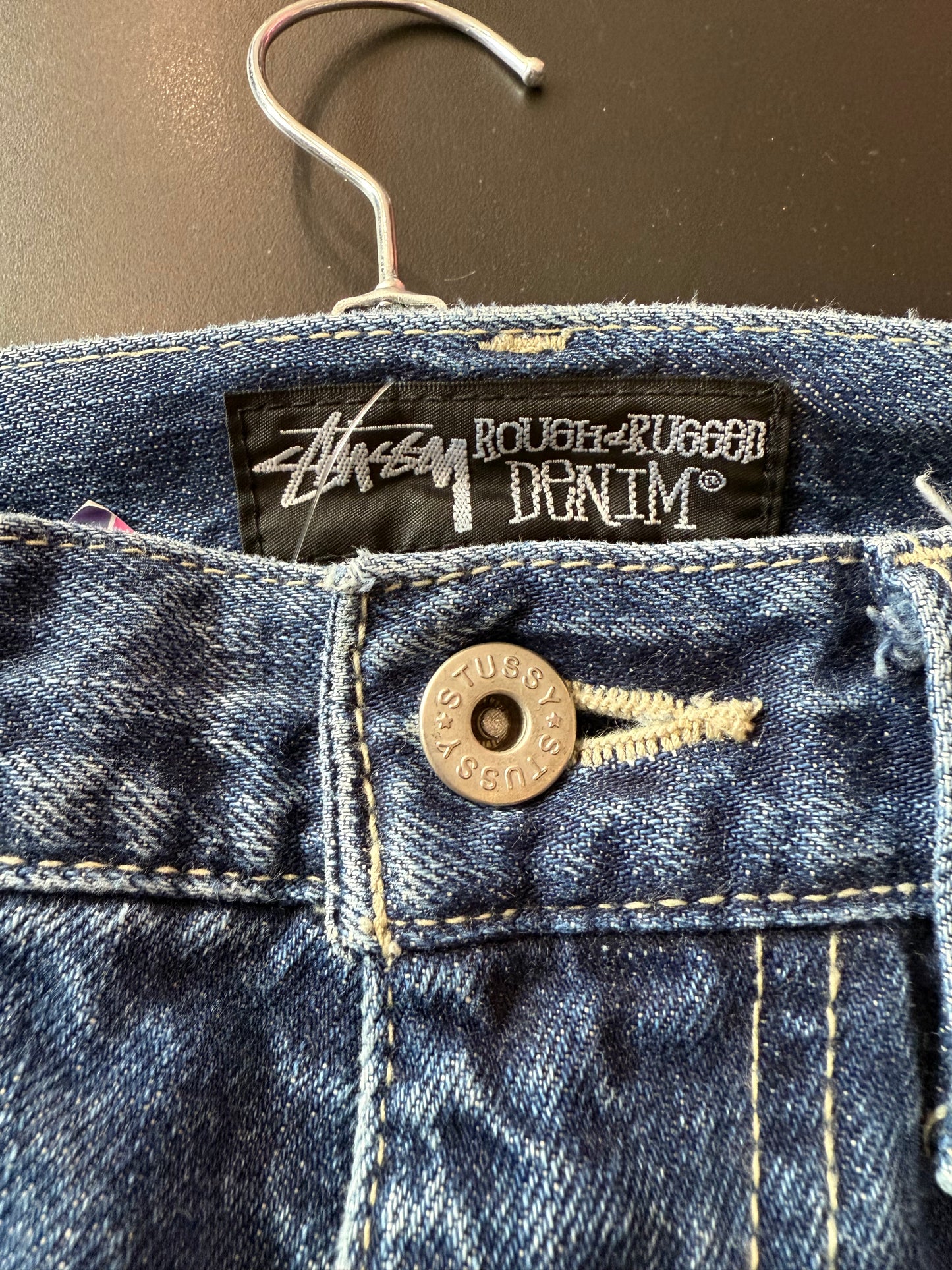 Vintage RARE Y2K Stüssy spell-out Jeans. Blue. 36” waist, 30” leg.