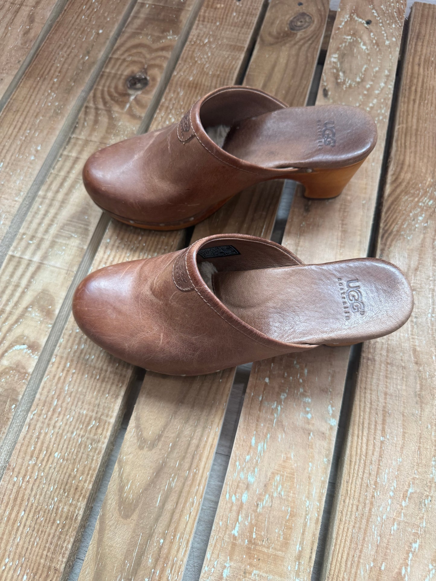 Vintage Y2K Ugg heeled mule, shearling sheepskin lined clog shoes. Size UK4.5