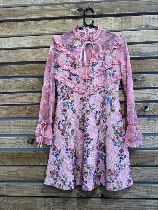 Vintage Y2K floral tweed dress. Pink. Size 8. Gossip girl vibes.