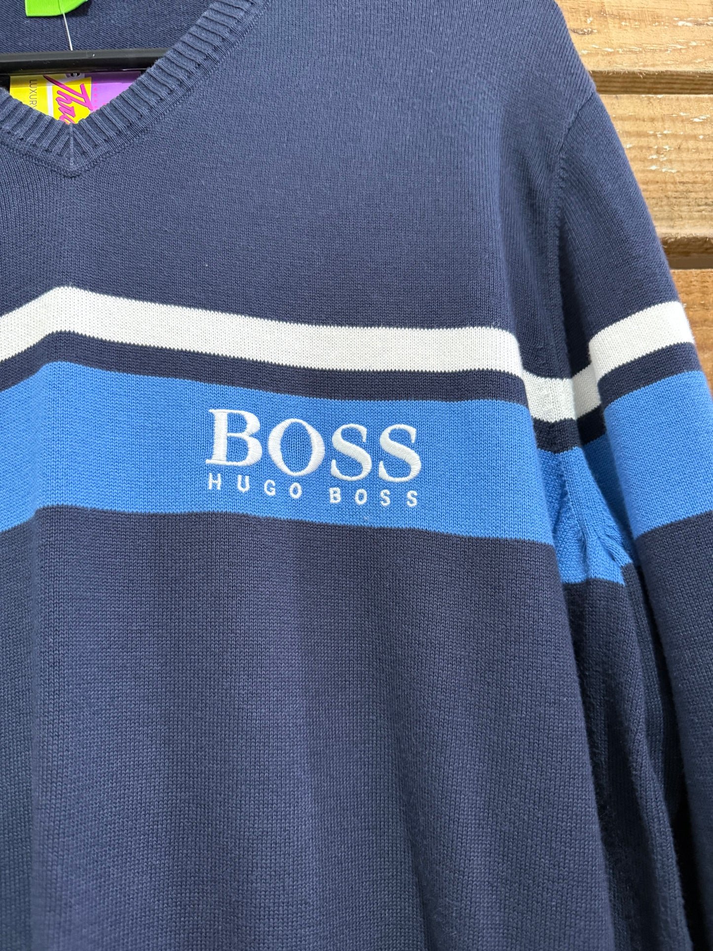 Vintage 90s Hugo Boss spell-out crewneck jumper/ sweater. Navy blue. Size Large.