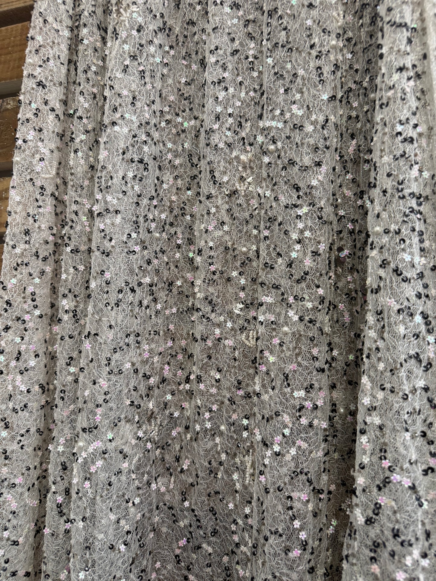 Vintage 90s Sequin/ beaded sheer skirt. Silver. One size. 18-36” waist. Festival/ party