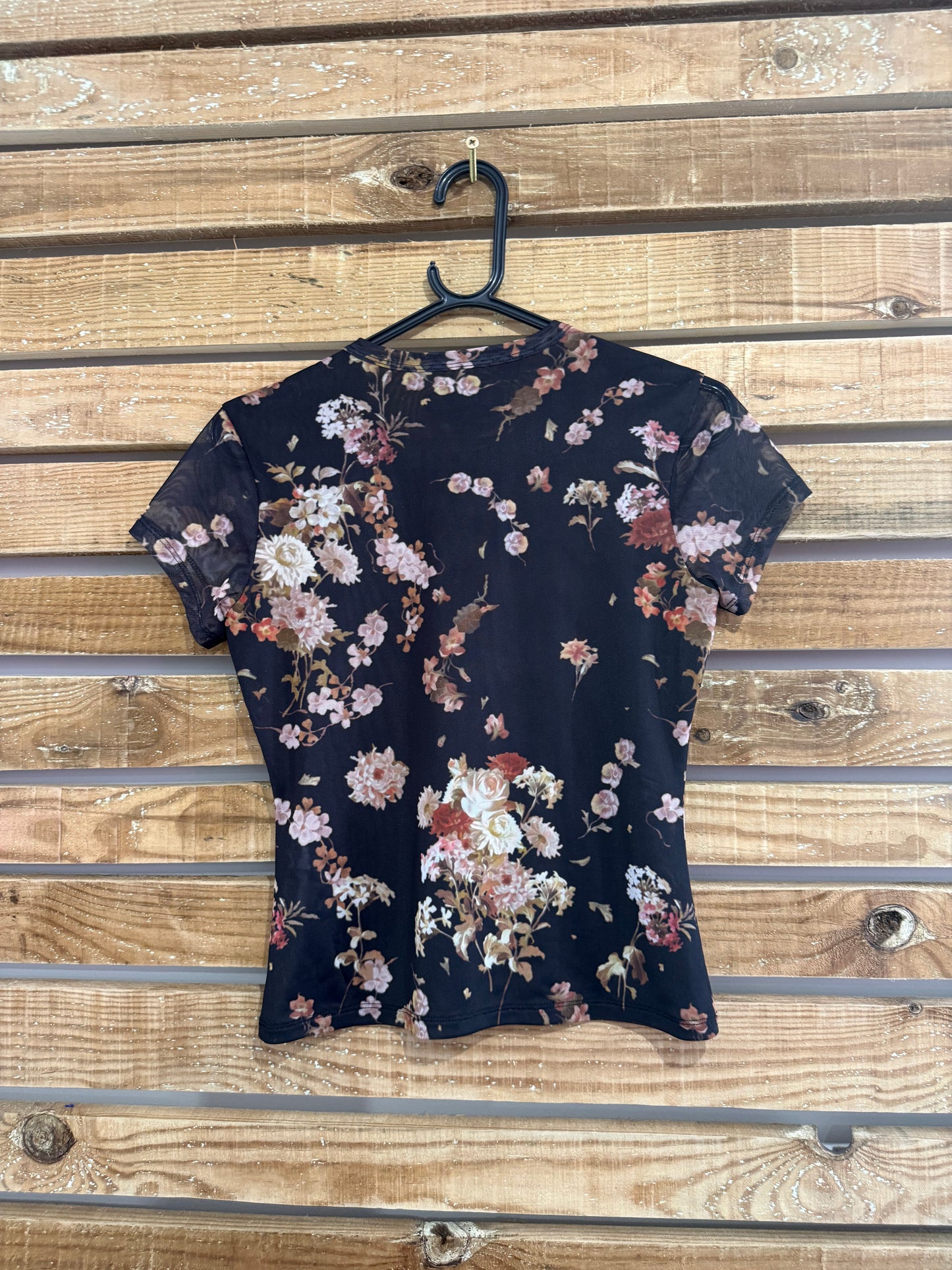 AllSaints Pink Ellie Black Floral Print Mesh T-Shirt. Size UK10.