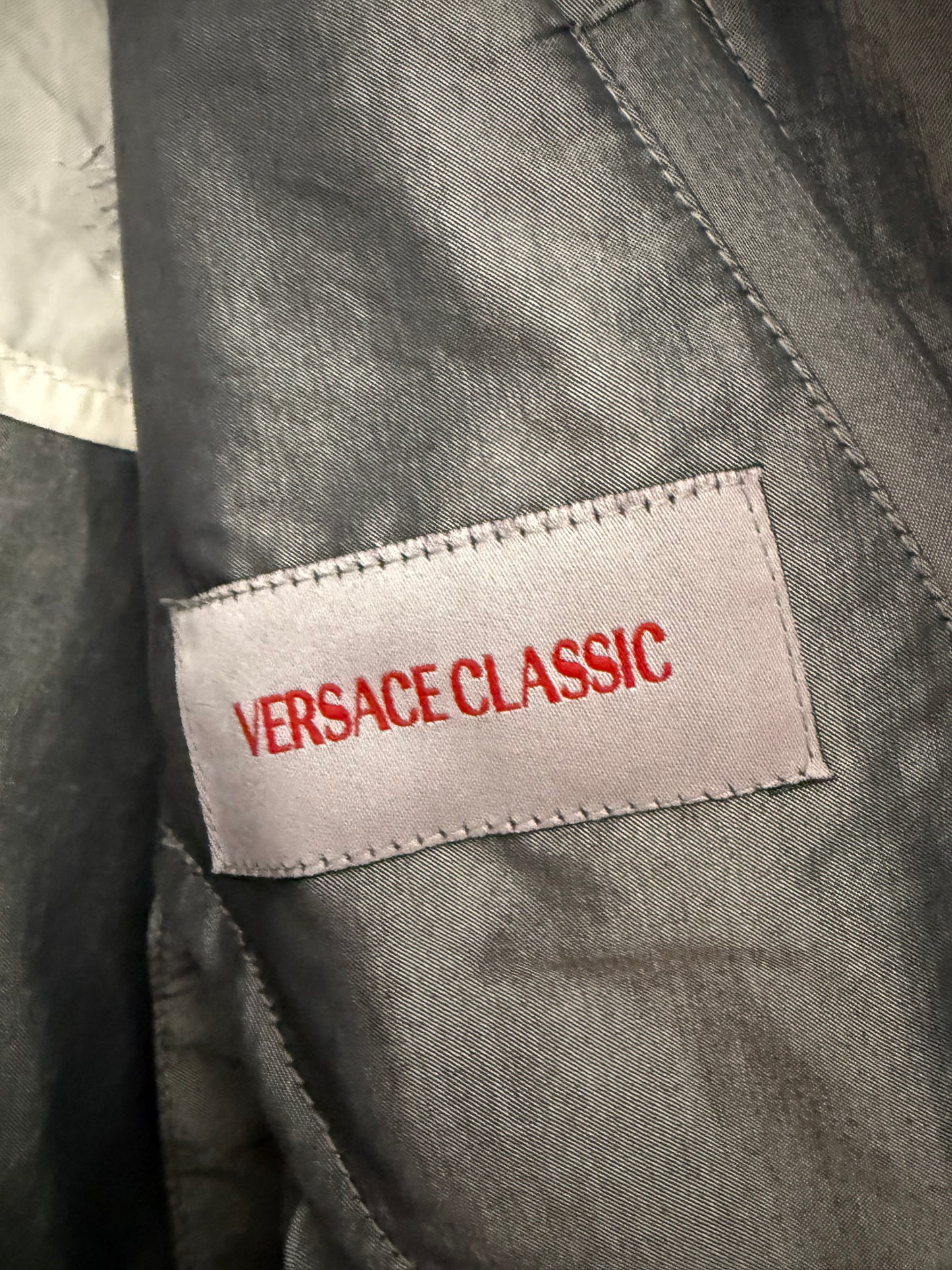 Vintage 90s RARE Versace Classic silver metallic harrington jacket. Size Large.