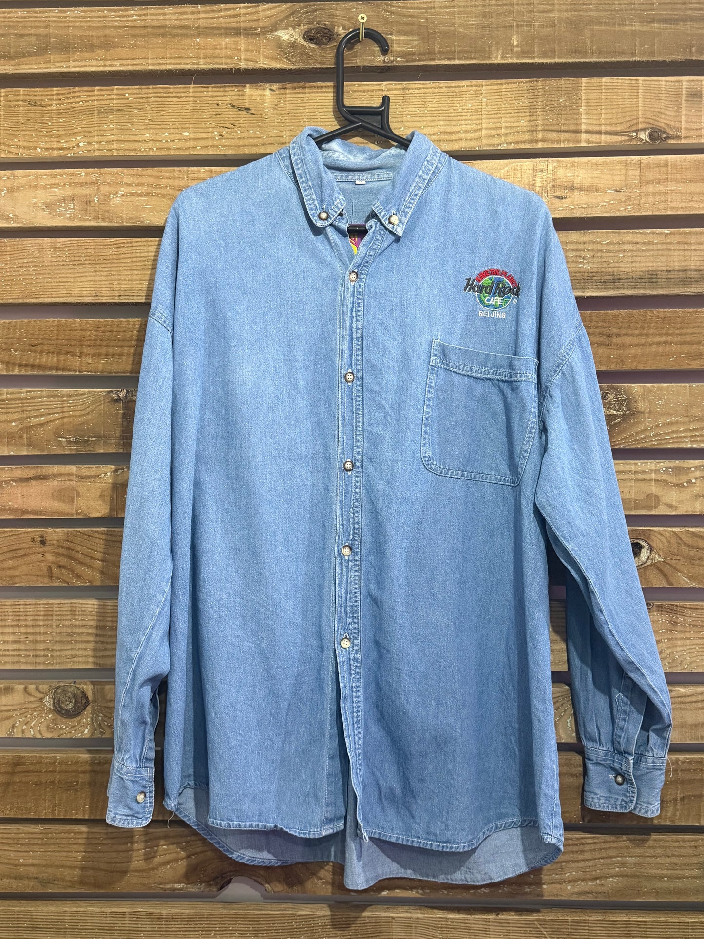 Vintage 90s Hard Rock Cafe Beijing embroidered denim shirt. Size XL.