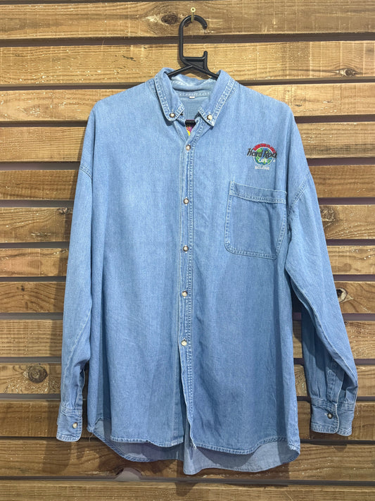 Vintage 90s Hard Rock Cafe Beijing embroidered denim shirt. Size XL.