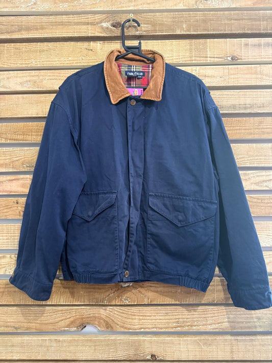 Vintage 90s Nautica zip up bomber Jacket. With leather collar. Sports/ Golf/ Festival. Medium.