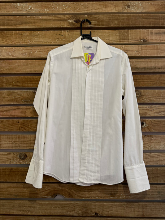 Vintage 80s Christian Dior white pleated dress button up shirt. Size Medium.