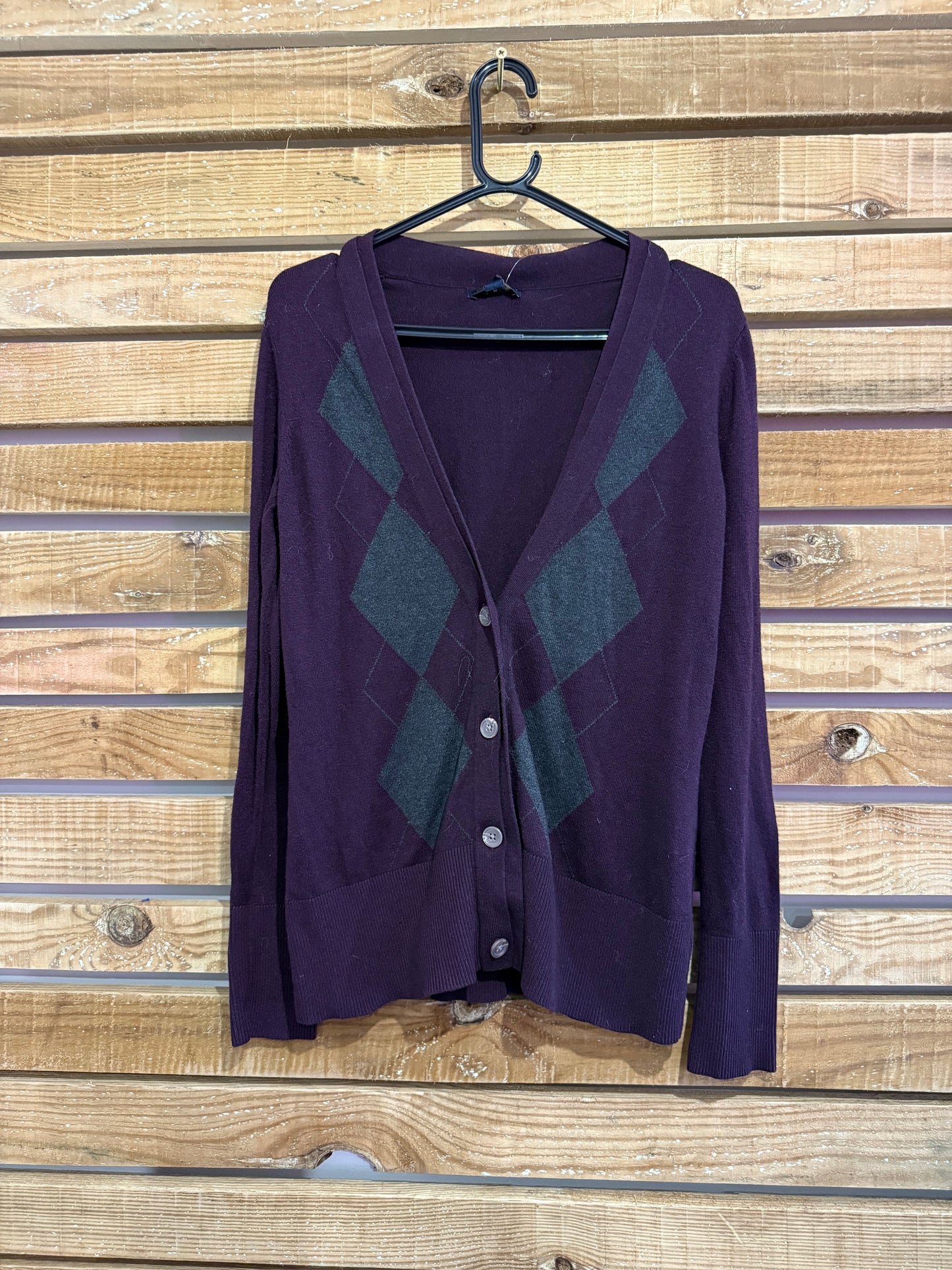 Banana Republic argyle print button up cardigan. Plum. Size Medium.