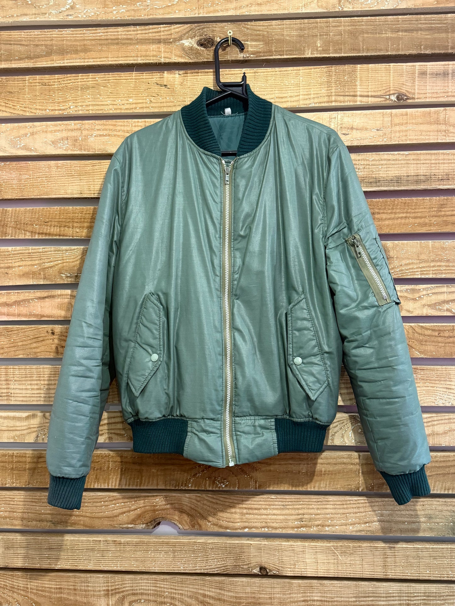 Vintage 70s MA1 bomber flight jacket. Made in England. Green. Size Medium.