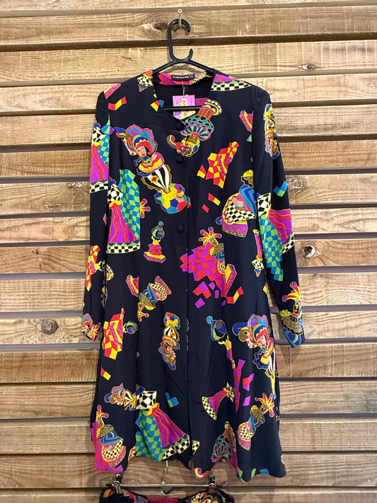 Vintage Rare 80s Louis Féraud Silk Two-Piece Set – Abstract Skirt & Top, Summer Outfit. Size UK10