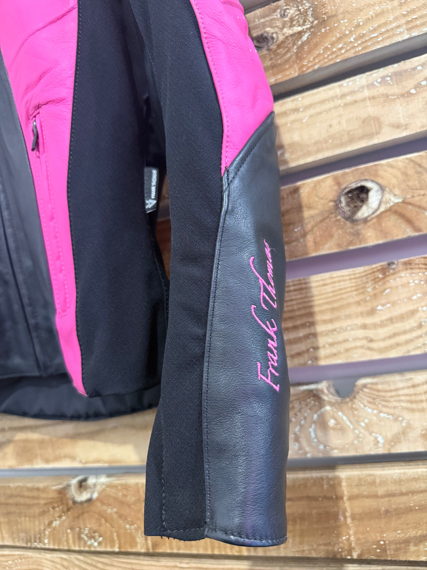 Frank Thomas leather motorcycle racing/ biker jacket. Size 10. Pink & black.