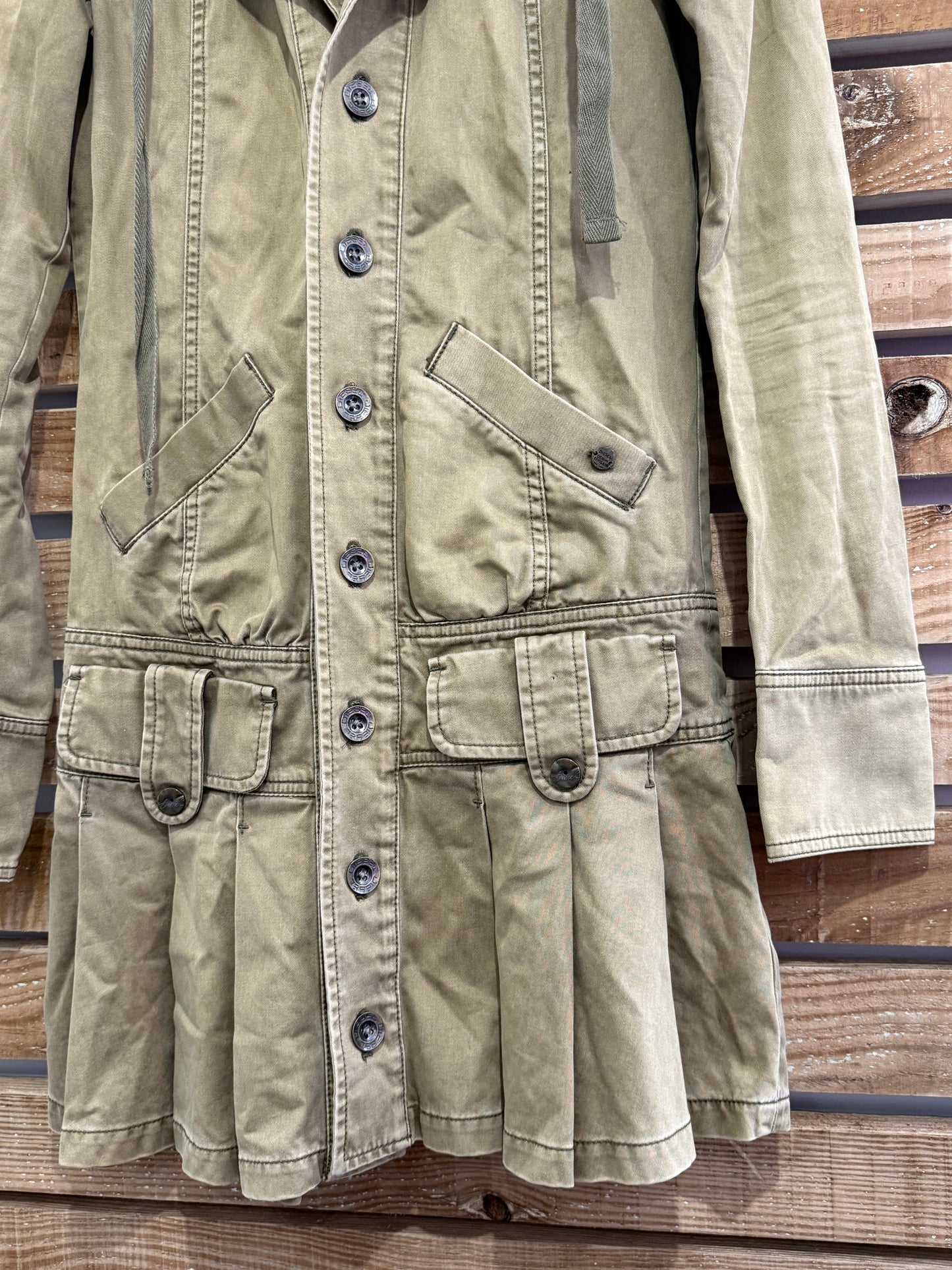 Vintage Y2K Diesel archive hybrid dress jacket. Pleated skirt, hooded. Khaki. Size Small.
